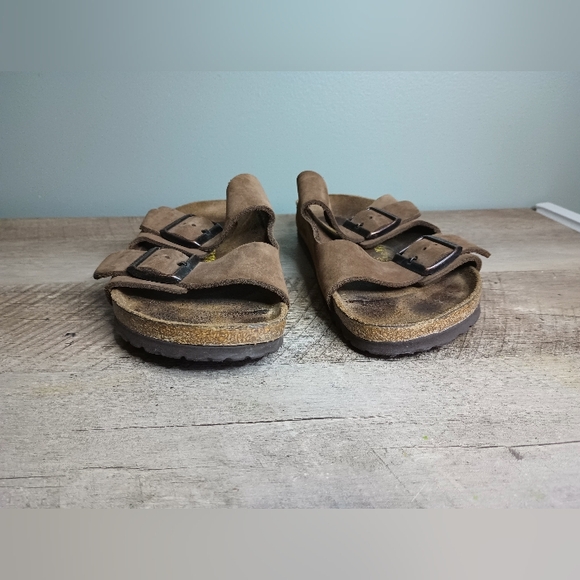 Birkenstock Arizona Suede Sandals 41 Womens 10 Mens 8 Brown Tan Buckle Comfort - Picture 2 of 14